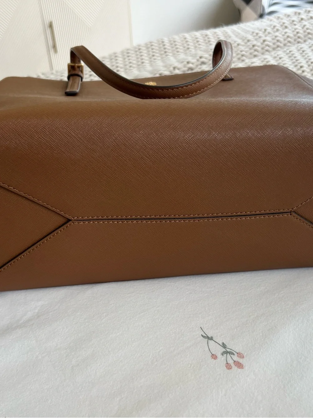 Tory Burch Cognac Saffiano Leather Tote with Gold Logo